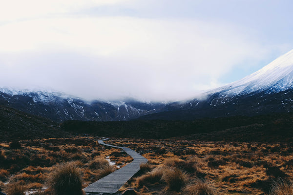 Mountains on both sides with walk way in the middle of image